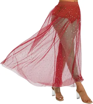 Rave Outfits for Women 2 in 1 Sheer Skirt Festival Clubwear Mesh High Waist Print A Line Maxi Skirt