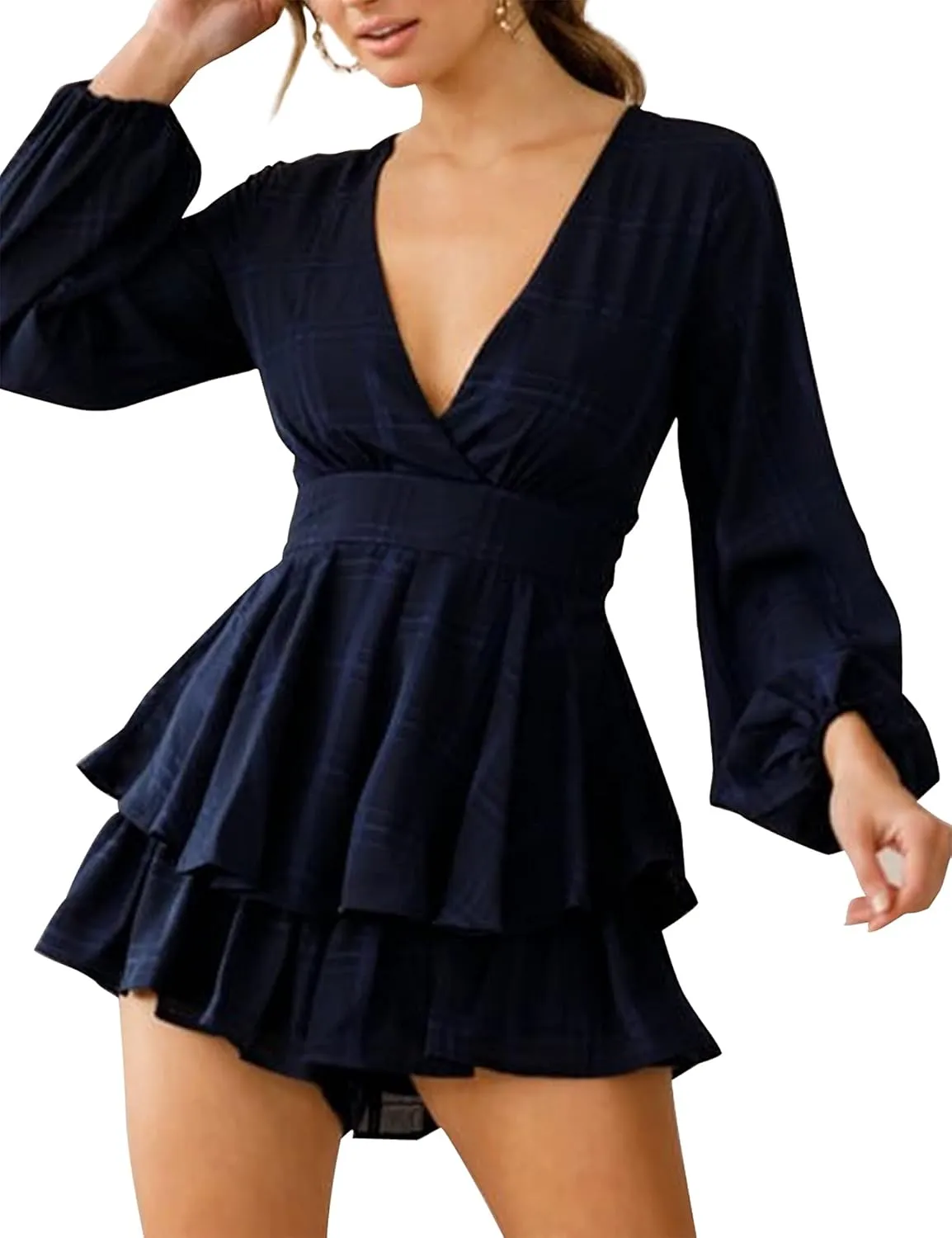 Relipop Womens Floral Print Romper V Neck Long Sleeve Double Layer Ruffle Hem Shorts Jumpsuit 2025 Beach Vacation Outfits