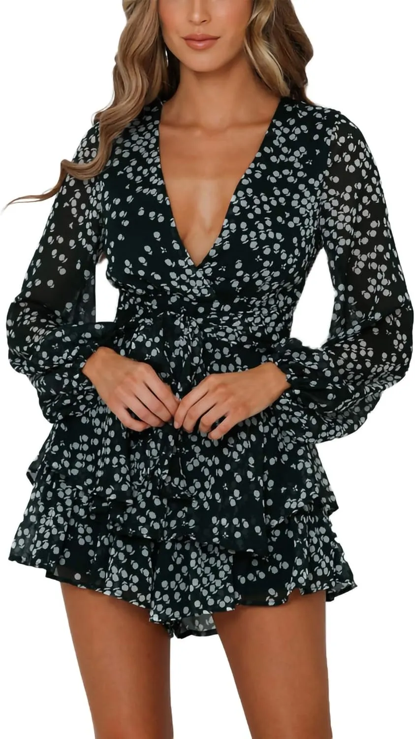 Relipop Womens Floral Print Romper V Neck Long Sleeve Double Layer Ruffle Hem Shorts Jumpsuit 2025 Beach Vacation Outfits