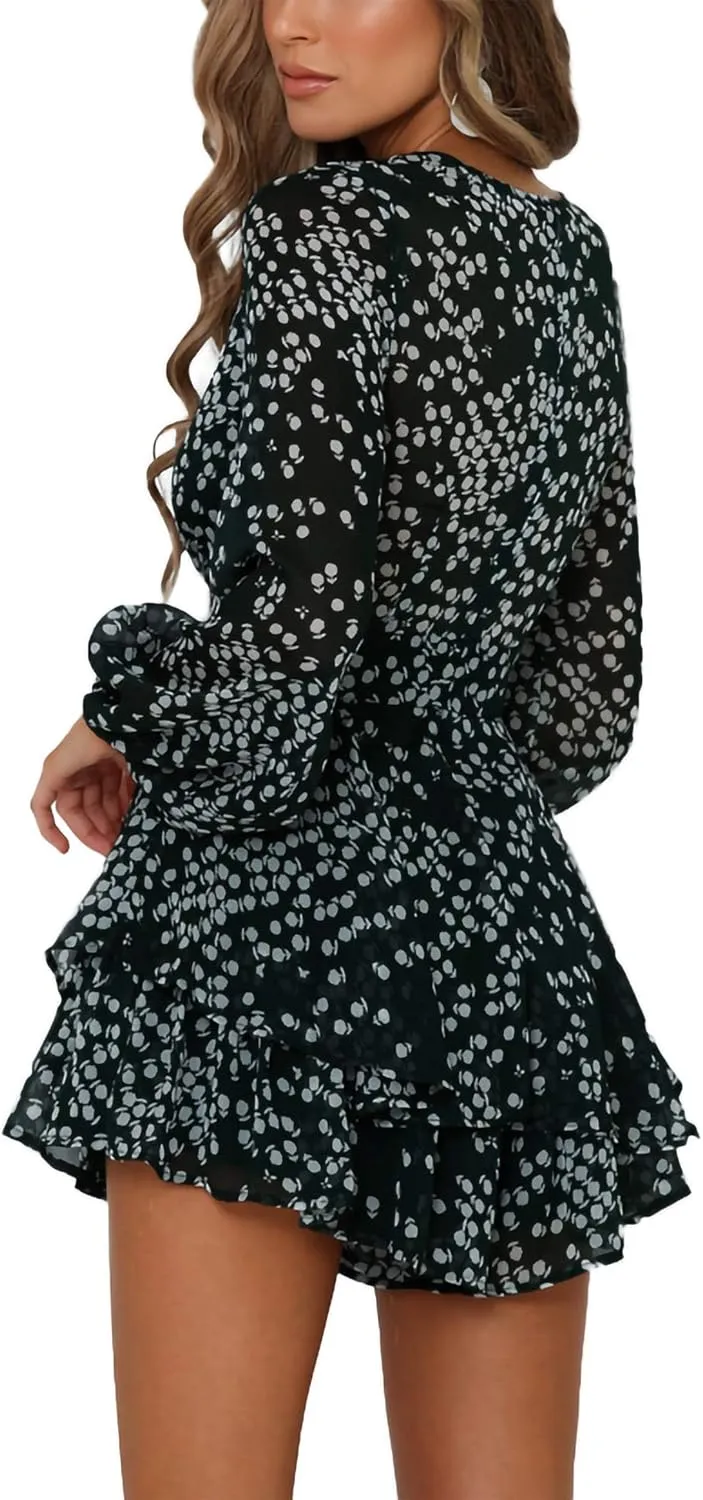 Relipop Womens Floral Print Romper V Neck Long Sleeve Double Layer Ruffle Hem Shorts Jumpsuit 2025 Beach Vacation Outfits