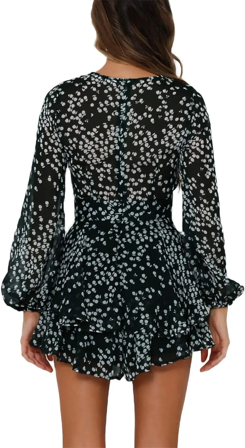 Relipop Womens Floral Print Romper V Neck Long Sleeve Double Layer Ruffle Hem Shorts Jumpsuit 2025 Beach Vacation Outfits