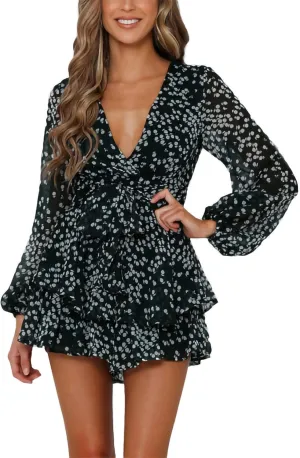 Relipop Womens Floral Print Romper V Neck Long Sleeve Double Layer Ruffle Hem Shorts Jumpsuit 2025 Beach Vacation Outfits