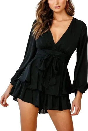 Relipop Womens Floral Print Romper V Neck Long Sleeve Double Layer Ruffle Hem Shorts Jumpsuit 2025 Beach Vacation Outfits