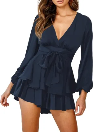 Relipop Womens Floral Print Romper V Neck Long Sleeve Double Layer Ruffle Hem Shorts Jumpsuit 2025 Beach Vacation Outfits