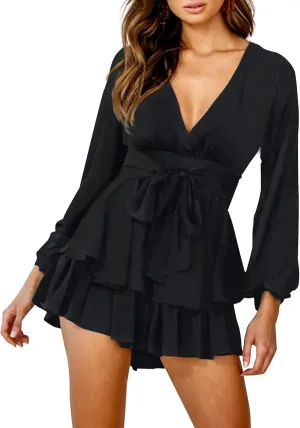 Relipop Womens Floral Print Romper V Neck Long Sleeve Double Layer Ruffle Hem Shorts Jumpsuit 2025 Beach Vacation Outfits