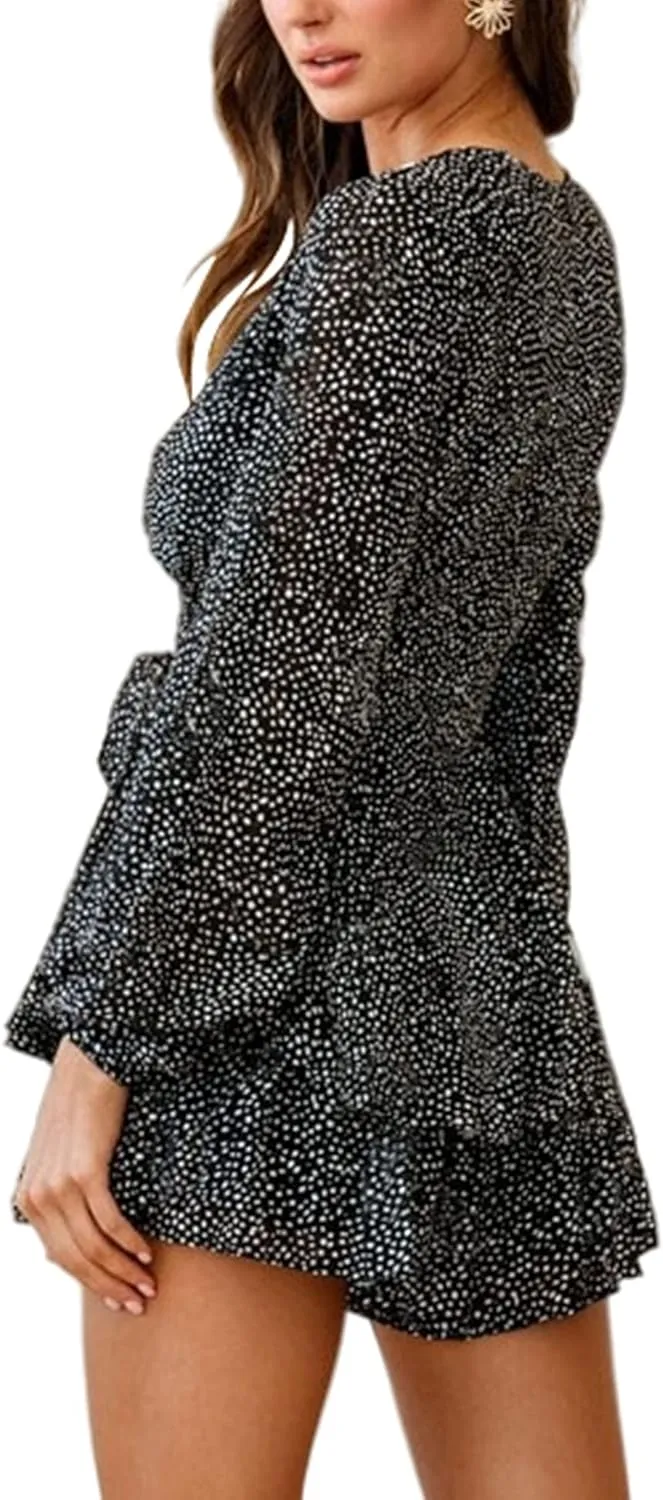 Relipop Womens Floral Print Romper V Neck Long Sleeve Double Layer Ruffle Hem Shorts Jumpsuit 2025 Beach Vacation Outfits
