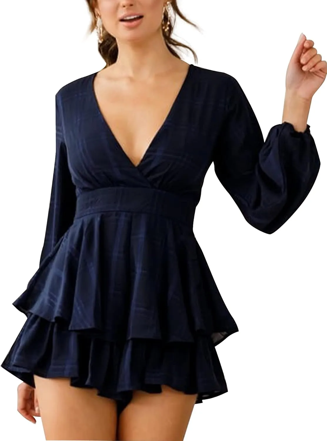Relipop Womens Floral Print Romper V Neck Long Sleeve Double Layer Ruffle Hem Shorts Jumpsuit 2025 Beach Vacation Outfits