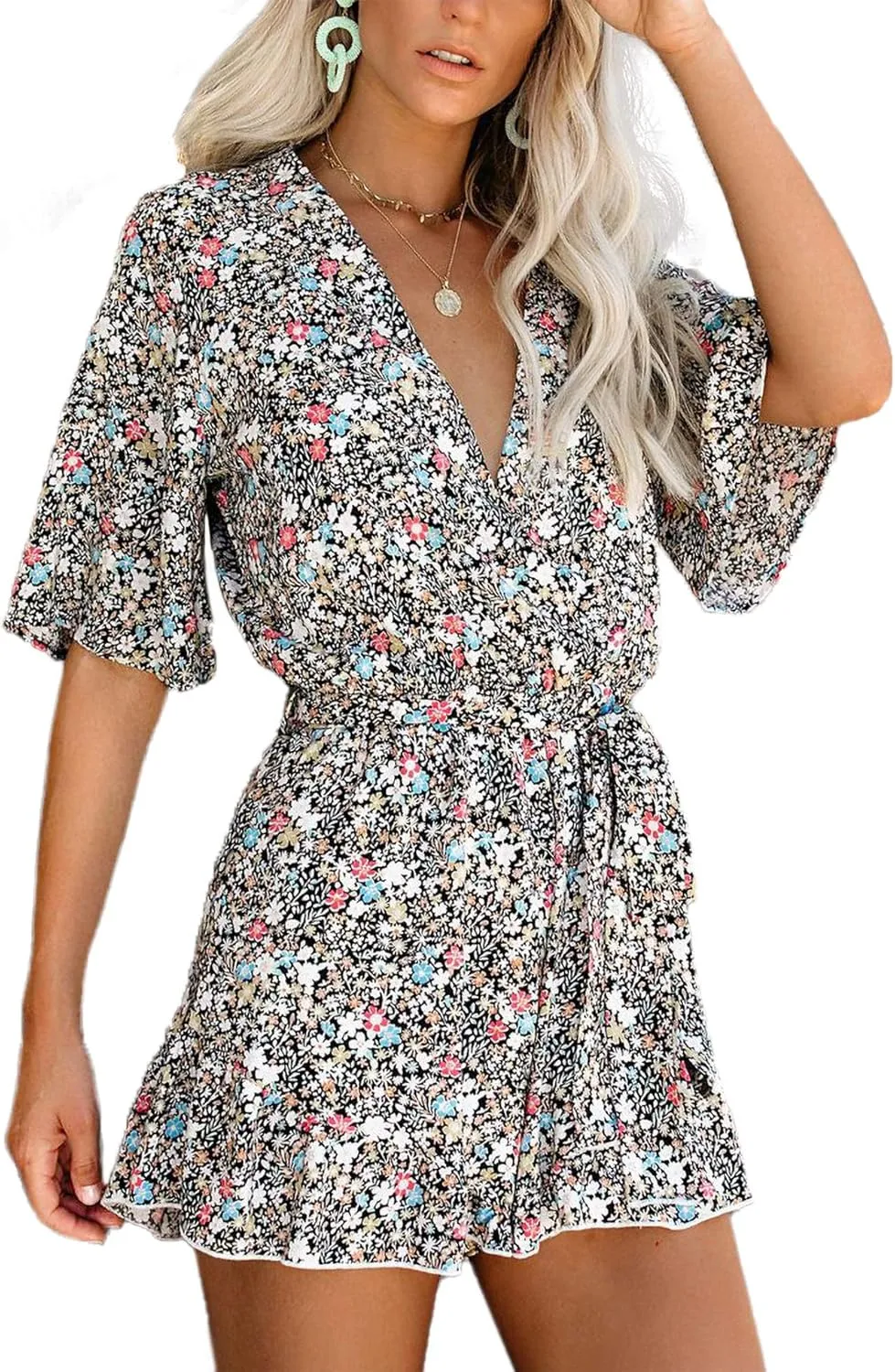 Relipop Women's Summer Romper Floral Print V Neck Flared Half Sleeve Elastic Tie Waist Ruffle Casual Rompers Jumpsuits