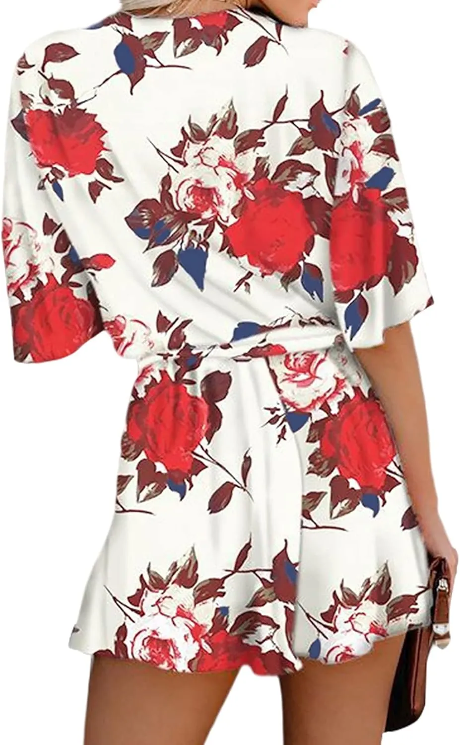 Relipop Women's Summer Romper Floral Print V Neck Flared Half Sleeve Elastic Tie Waist Ruffle Casual Rompers Jumpsuits
