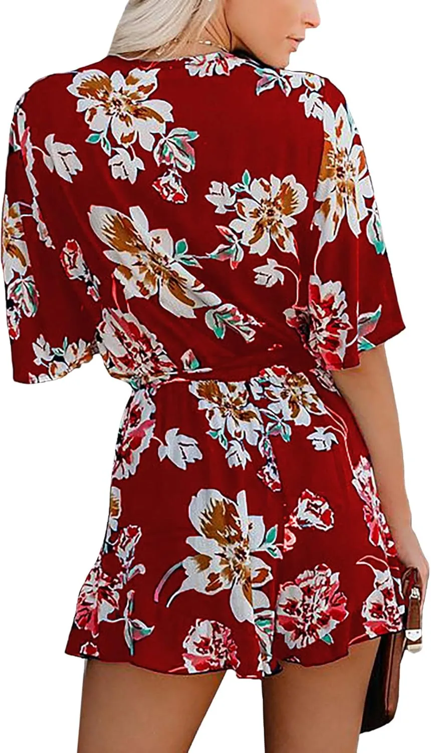 Relipop Women's Summer Romper Floral Print V Neck Flared Half Sleeve Elastic Tie Waist Ruffle Casual Rompers Jumpsuits