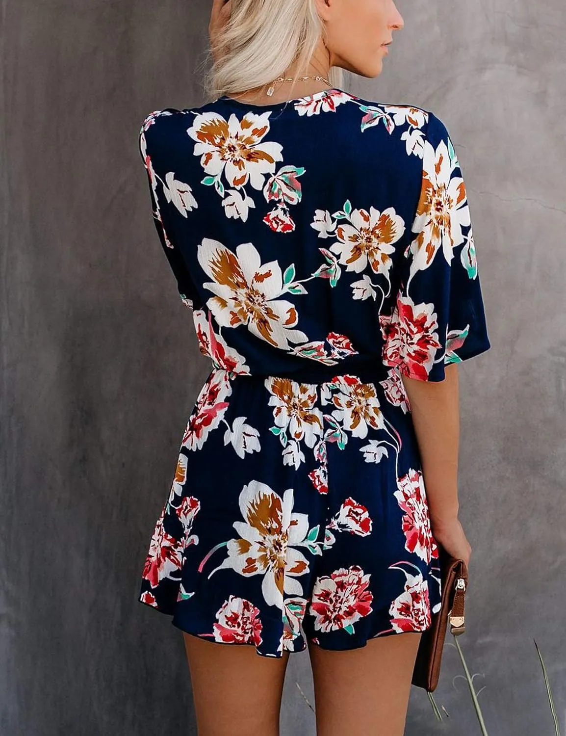 Relipop Women's Summer Romper Floral Print V Neck Flared Half Sleeve Elastic Tie Waist Ruffle Casual Rompers Jumpsuits