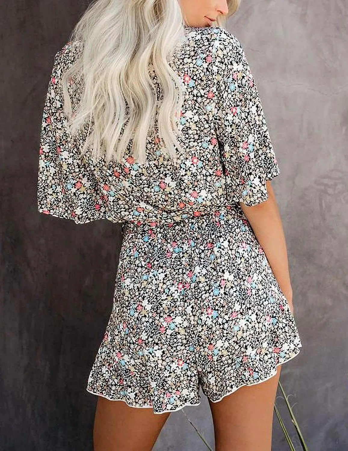 Relipop Women's Summer Romper Floral Print V Neck Flared Half Sleeve Elastic Tie Waist Ruffle Casual Rompers Jumpsuits