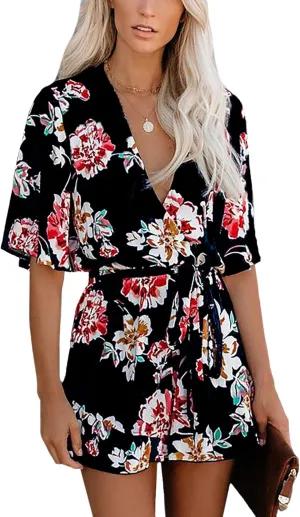 Relipop Women's Summer Romper Floral Print V Neck Flared Half Sleeve Elastic Tie Waist Ruffle Casual Rompers Jumpsuits