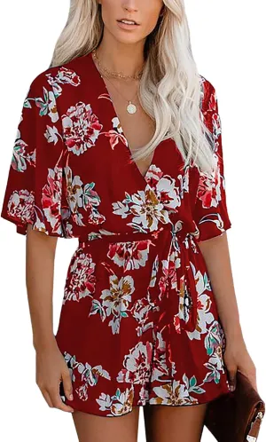 Relipop Women's Summer Romper Floral Print V Neck Flared Half Sleeve Elastic Tie Waist Ruffle Casual Rompers Jumpsuits