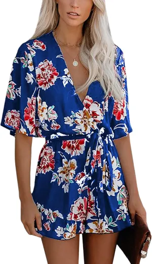 Relipop Women's Summer Romper Floral Print V Neck Flared Half Sleeve Elastic Tie Waist Ruffle Casual Rompers Jumpsuits