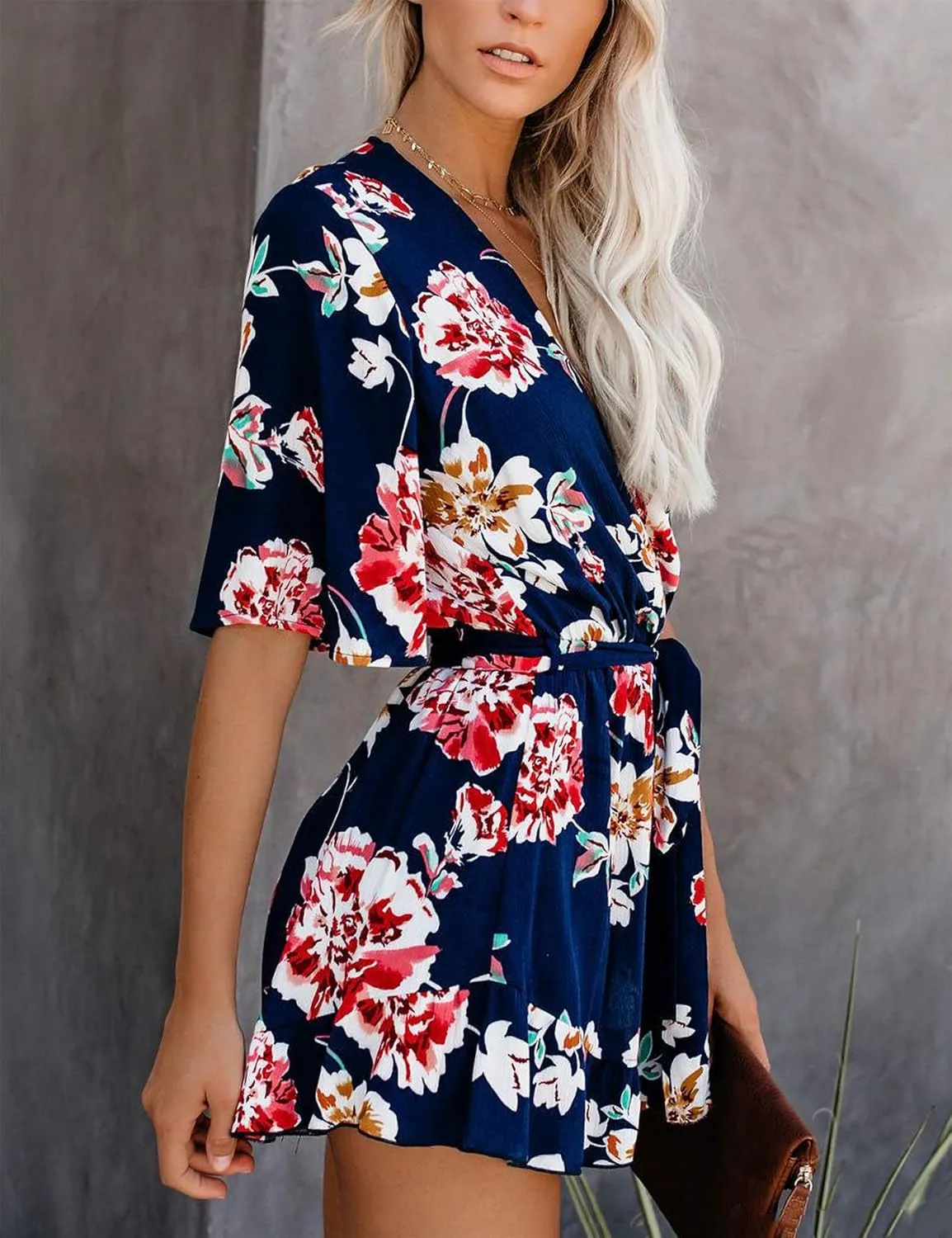 Relipop Women's Summer Romper Floral Print V Neck Flared Half Sleeve Elastic Tie Waist Ruffle Casual Rompers Jumpsuits