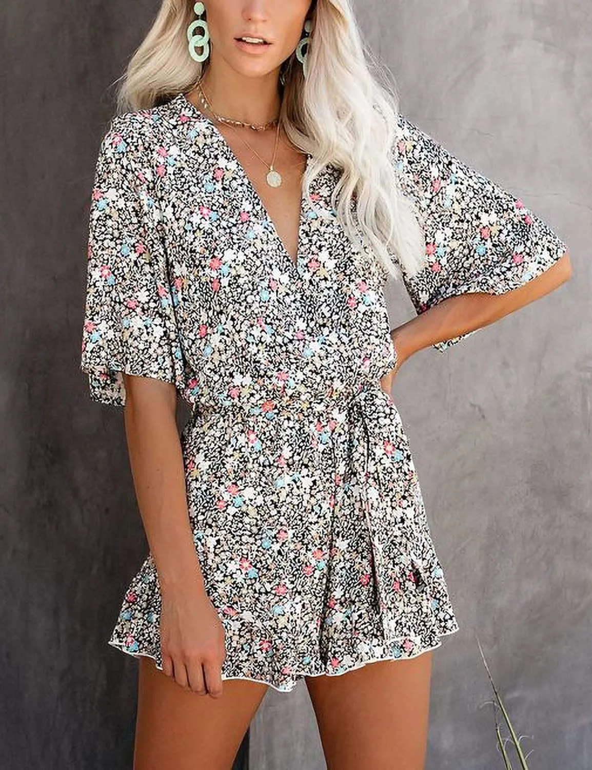 Relipop Women's Summer Romper Floral Print V Neck Flared Half Sleeve Elastic Tie Waist Ruffle Casual Rompers Jumpsuits