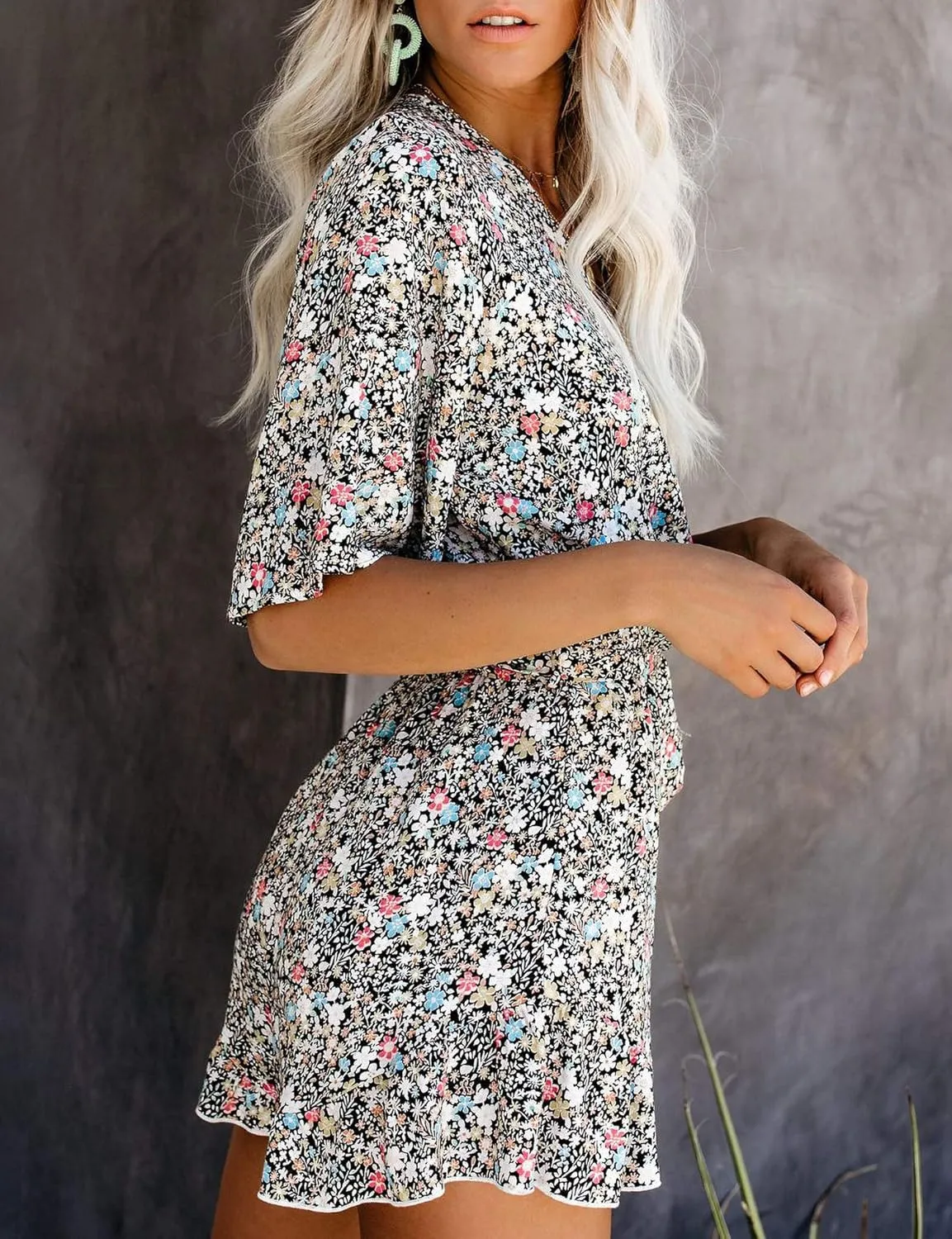 Relipop Women's Summer Romper Floral Print V Neck Flared Half Sleeve Elastic Tie Waist Ruffle Casual Rompers Jumpsuits