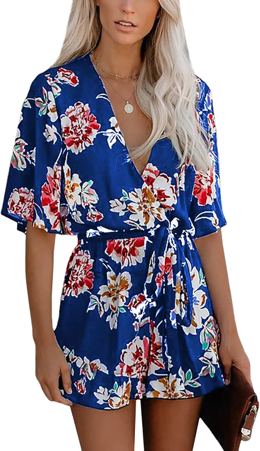 Relipop Women's Summer Romper Floral Print V Neck Flared Half Sleeve Elastic Tie Waist Ruffle Casual Rompers Jumpsuits
