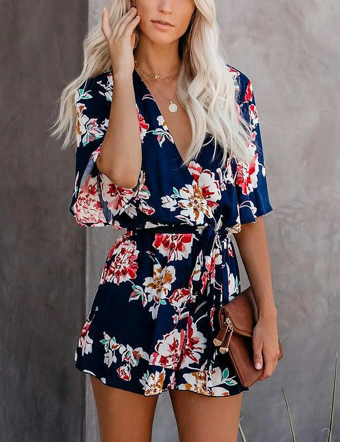 Relipop Women's Summer Romper Floral Print V Neck Flared Half Sleeve Elastic Tie Waist Ruffle Casual Rompers Jumpsuits