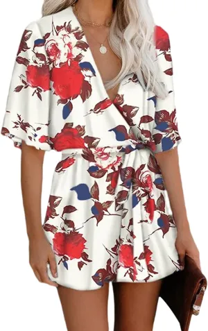 Relipop Women's Summer Romper Floral Print V Neck Flared Half Sleeve Elastic Tie Waist Ruffle Casual Rompers Jumpsuits