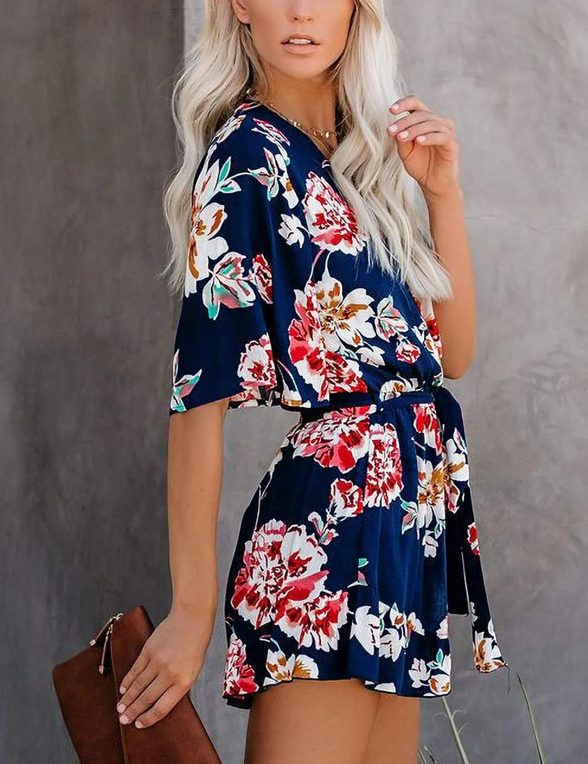 Relipop Women's Summer Romper Floral Print V Neck Flared Half Sleeve Elastic Tie Waist Ruffle Casual Rompers Jumpsuits