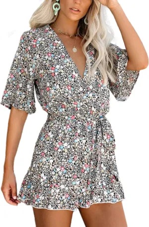 Relipop Women's Summer Romper Floral Print V Neck Flared Half Sleeve Elastic Tie Waist Ruffle Casual Rompers Jumpsuits