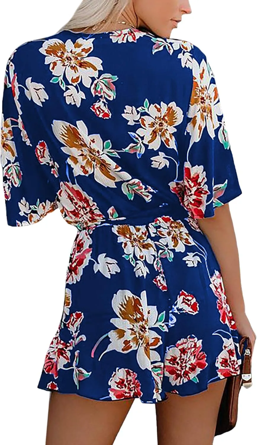 Relipop Women's Summer Romper Floral Print V Neck Flared Half Sleeve Elastic Tie Waist Ruffle Casual Rompers Jumpsuits