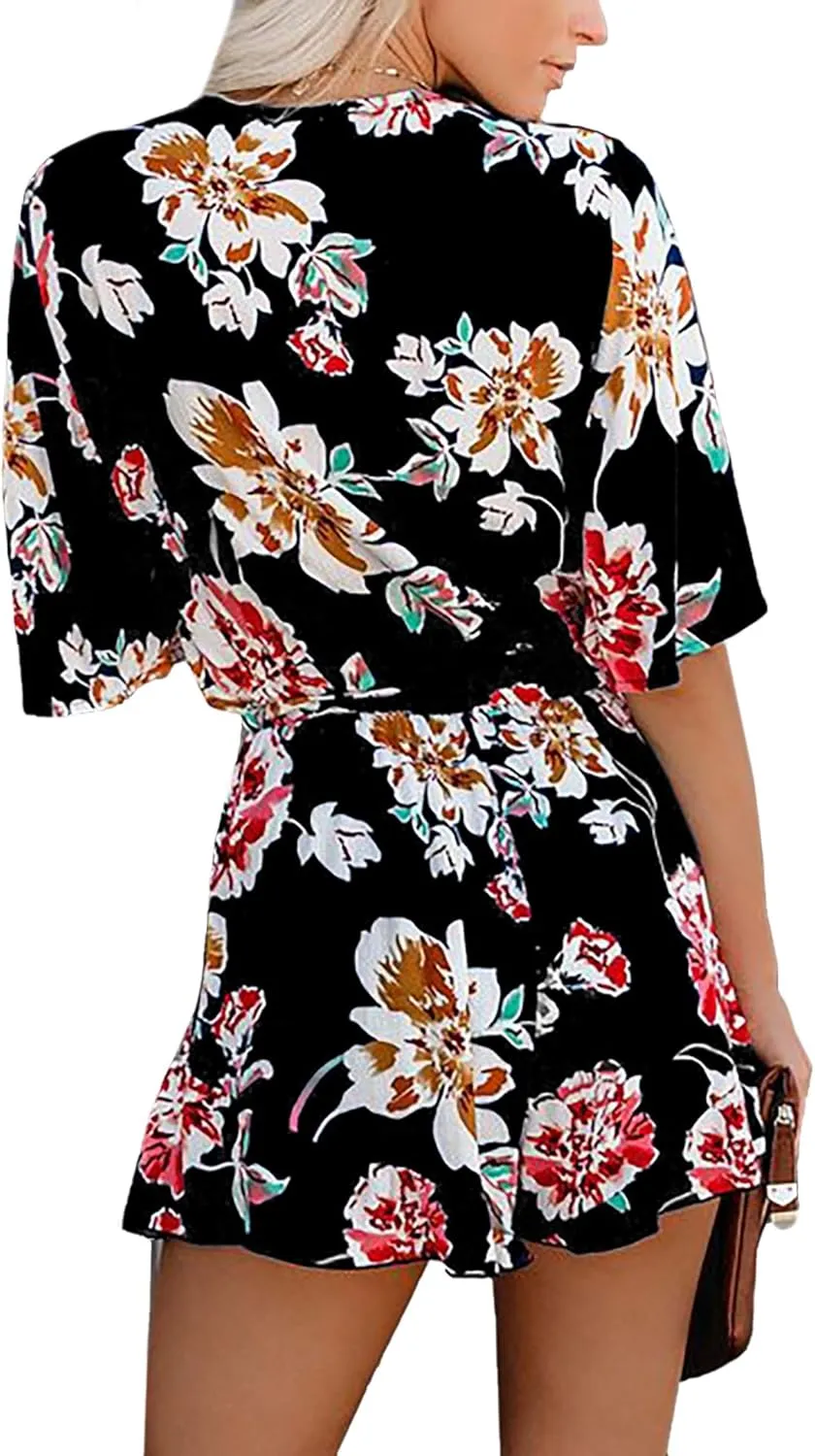 Relipop Women's Summer Romper Floral Print V Neck Flared Half Sleeve Elastic Tie Waist Ruffle Casual Rompers Jumpsuits