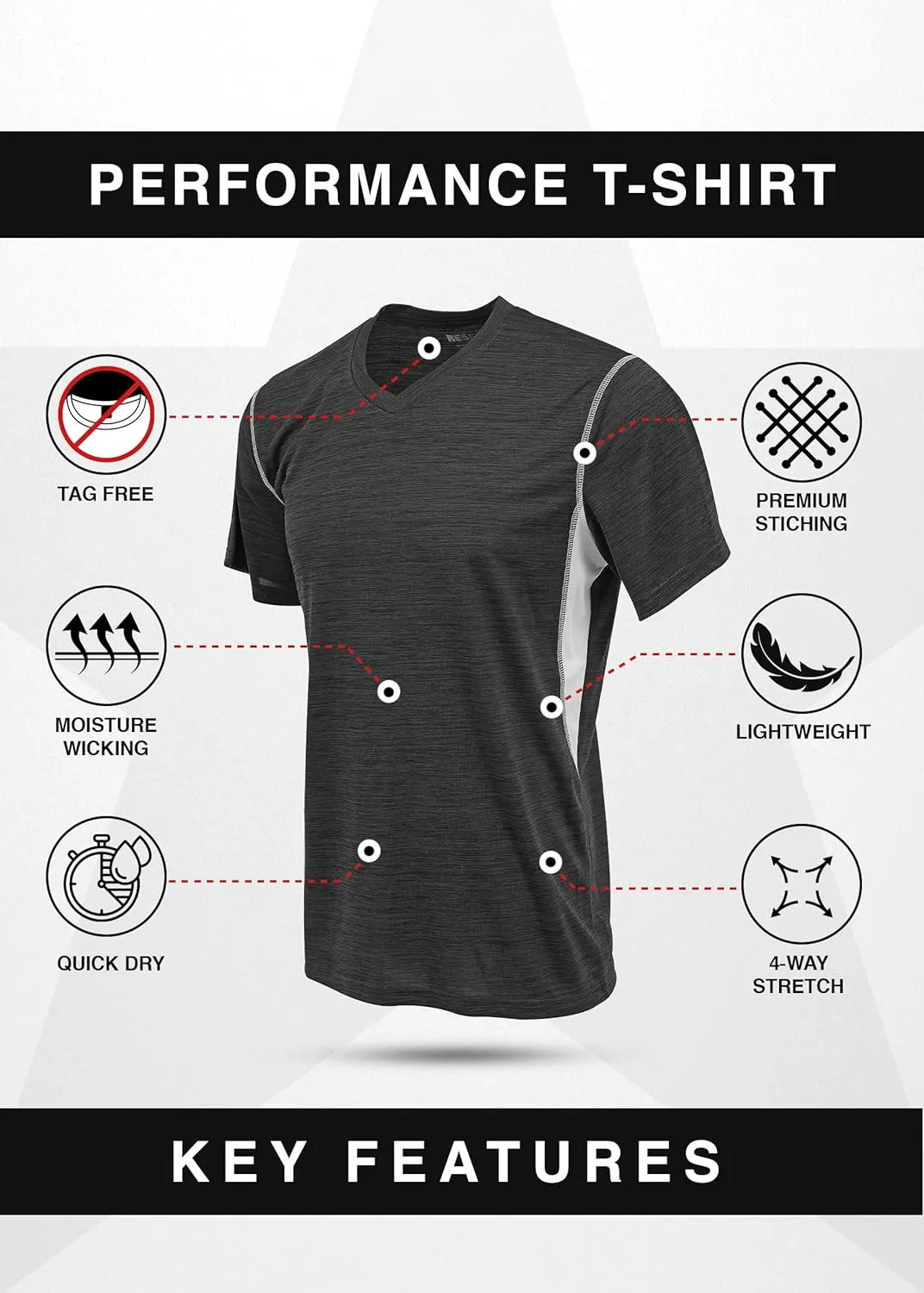 Reset 4 Pack Workout Shirts for Men, Active Athletic Performance V Neck Gym T Shirts