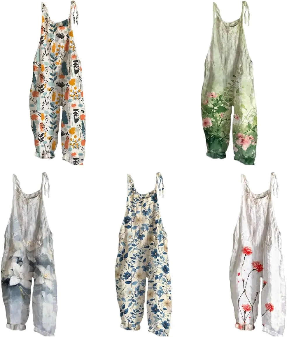Rompers For Women 2024 Hippie Floral Printed Oversize Casual Rompers Strappy Wide Leg Jumpsuits Harem Pants