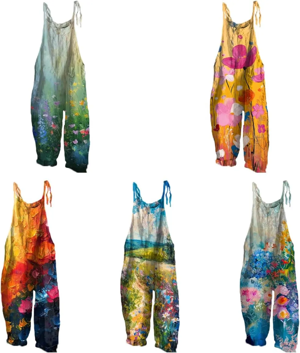 Rompers For Women 2024 Hippie Floral Printed Oversize Casual Rompers Strappy Wide Leg Jumpsuits Harem Pants