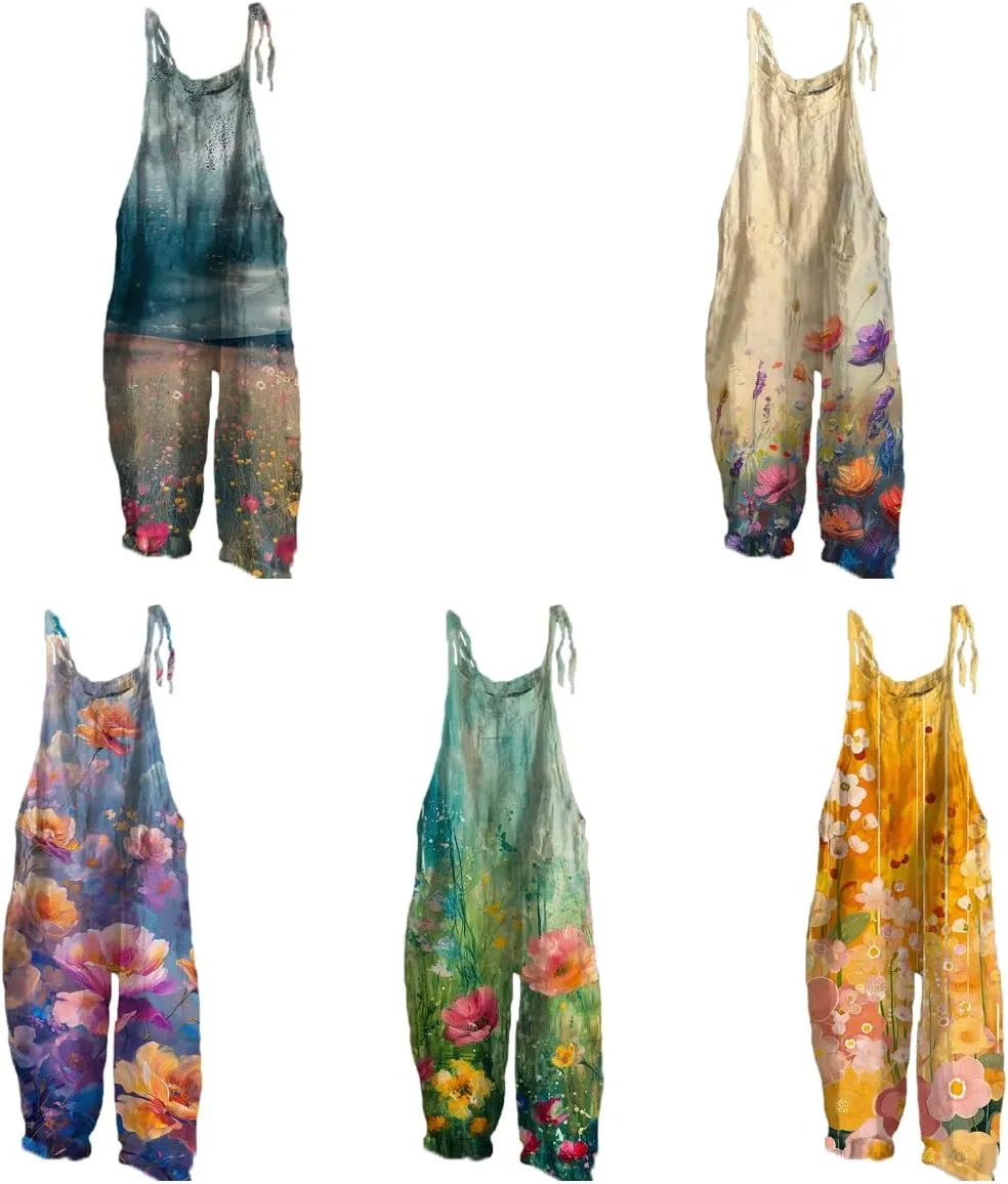 Rompers For Women 2024 Hippie Floral Printed Oversize Casual Rompers Strappy Wide Leg Jumpsuits Harem Pants