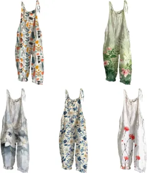 Rompers For Women 2024 Hippie Floral Printed Oversize Casual Rompers Strappy Wide Leg Jumpsuits Harem Pants