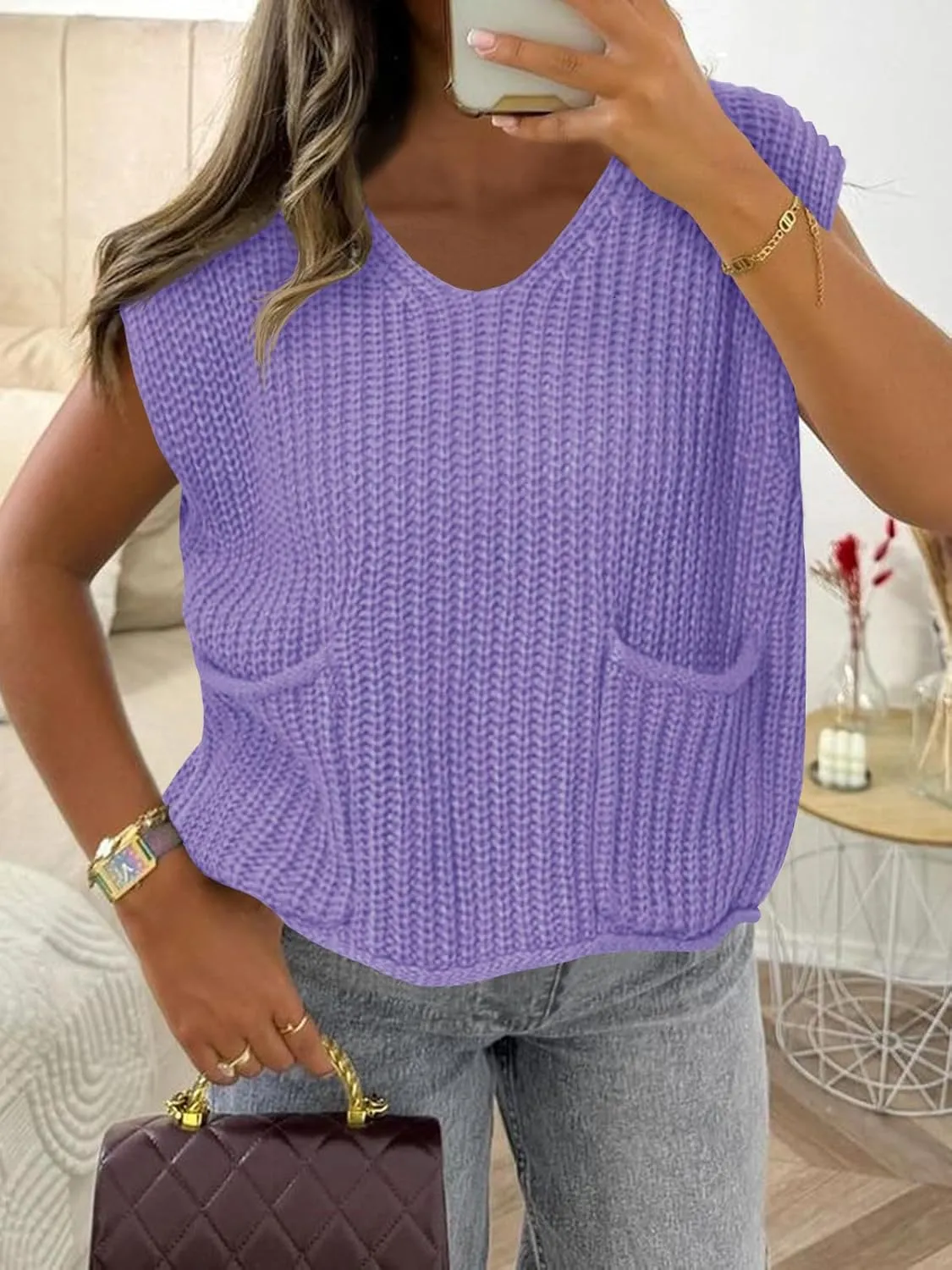 Saodimallsu Womens Summer Cap Sleeve Tops V Neck Chunky Knit Loose Knitted Top Lightweight Cropped Sweater Vest