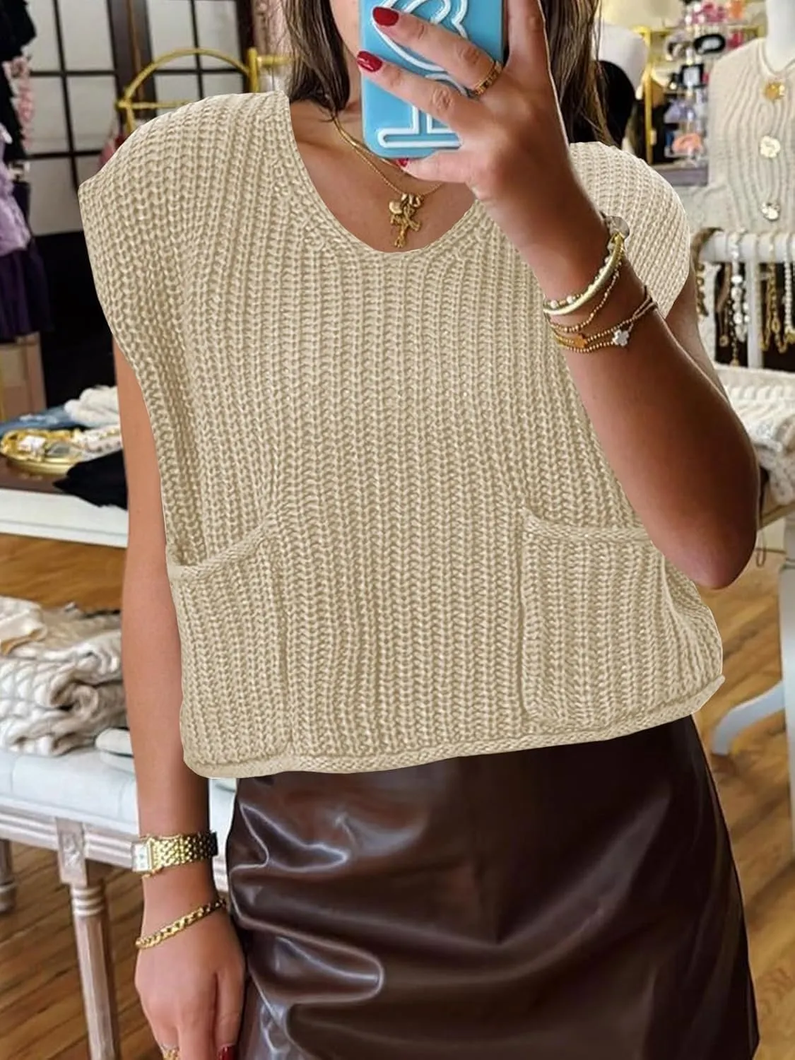 Saodimallsu Womens Summer Cap Sleeve Tops V Neck Chunky Knit Loose Knitted Top Lightweight Cropped Sweater Vest