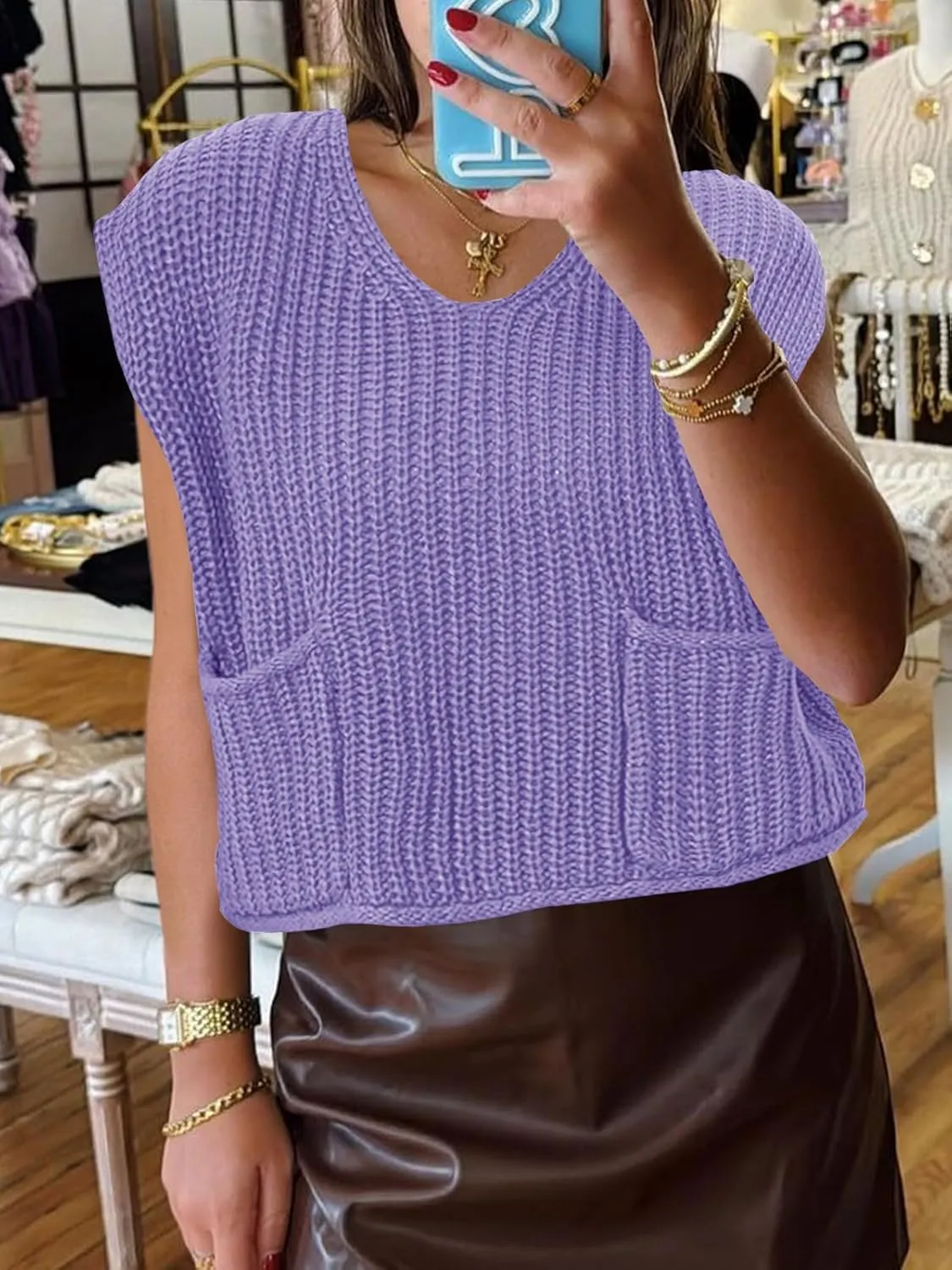 Saodimallsu Womens Summer Cap Sleeve Tops V Neck Chunky Knit Loose Knitted Top Lightweight Cropped Sweater Vest