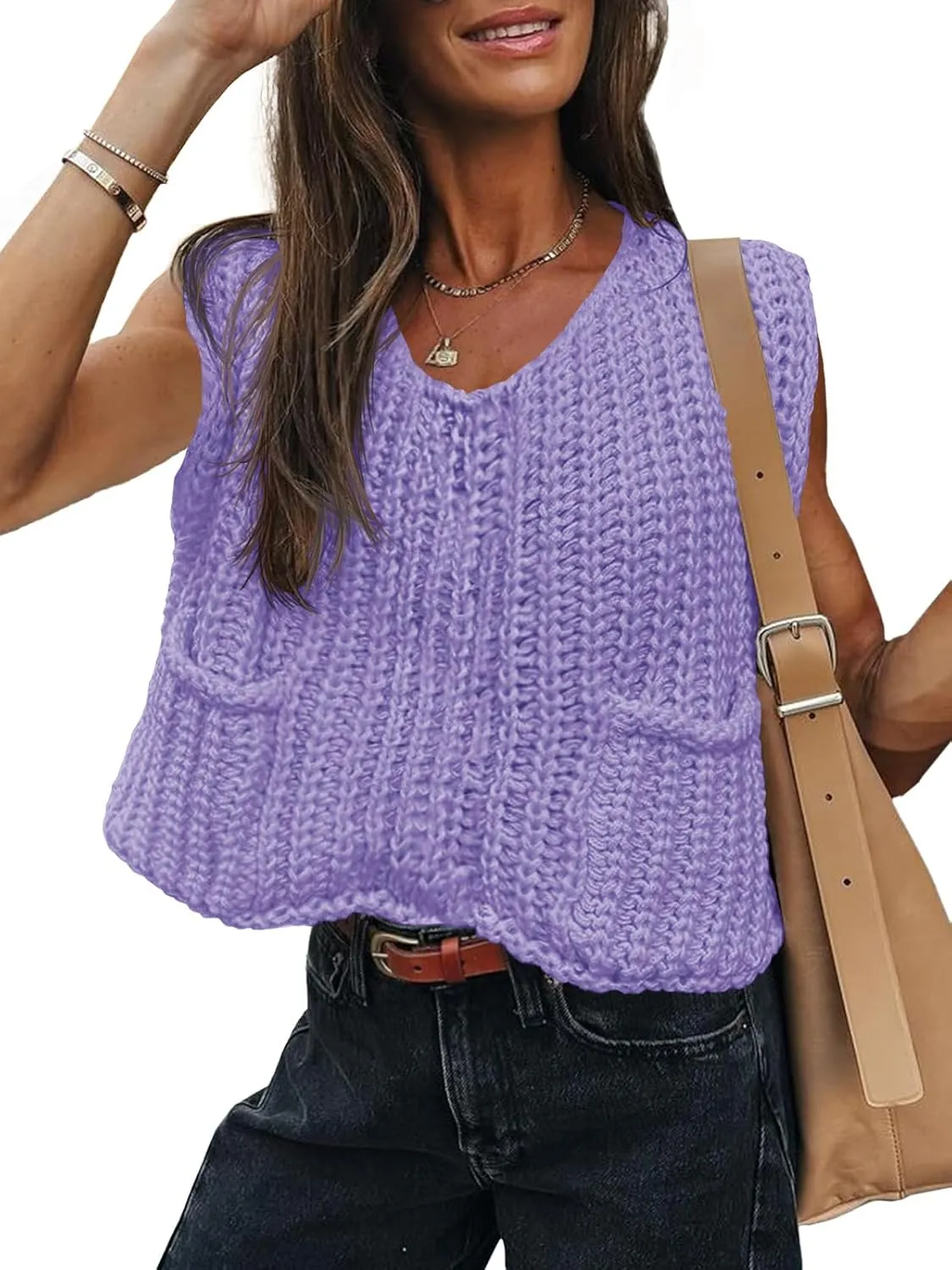 Saodimallsu Womens Summer Cap Sleeve Tops V Neck Chunky Knit Loose Knitted Top Lightweight Cropped Sweater Vest