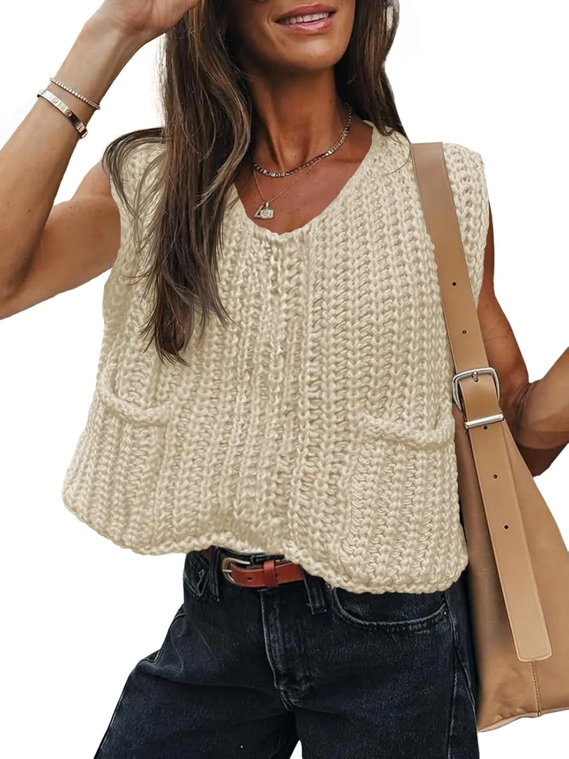 Saodimallsu Womens Summer Cap Sleeve Tops V Neck Chunky Knit Loose Knitted Top Lightweight Cropped Sweater Vest