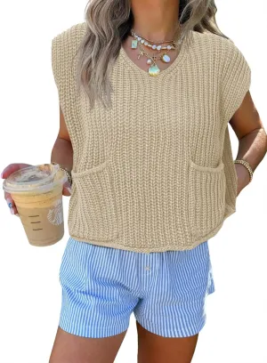 Saodimallsu Womens Summer Cap Sleeve Tops V Neck Chunky Knit Loose Knitted Top Lightweight Cropped Sweater Vest