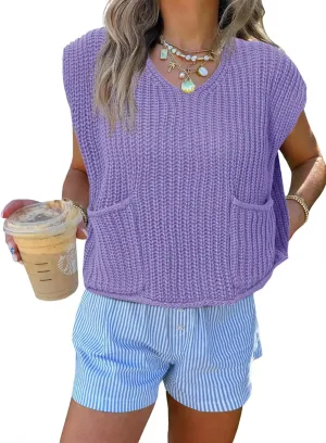 Saodimallsu Womens Summer Cap Sleeve Tops V Neck Chunky Knit Loose Knitted Top Lightweight Cropped Sweater Vest