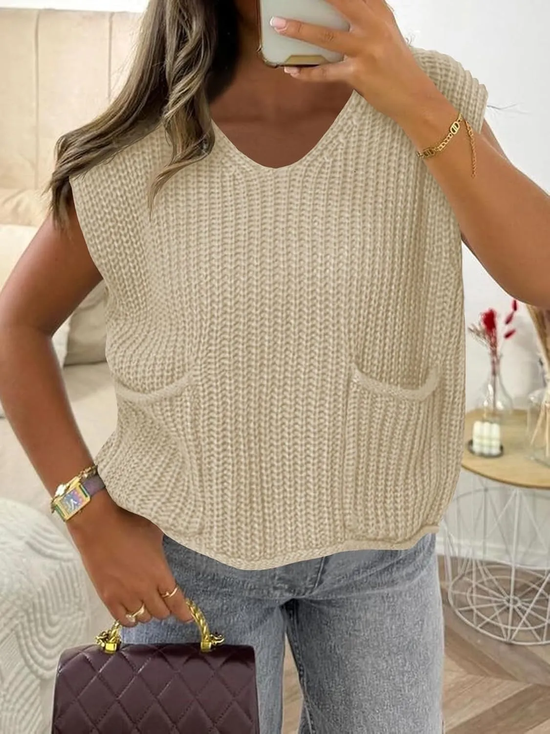 Saodimallsu Womens Summer Cap Sleeve Tops V Neck Chunky Knit Loose Knitted Top Lightweight Cropped Sweater Vest