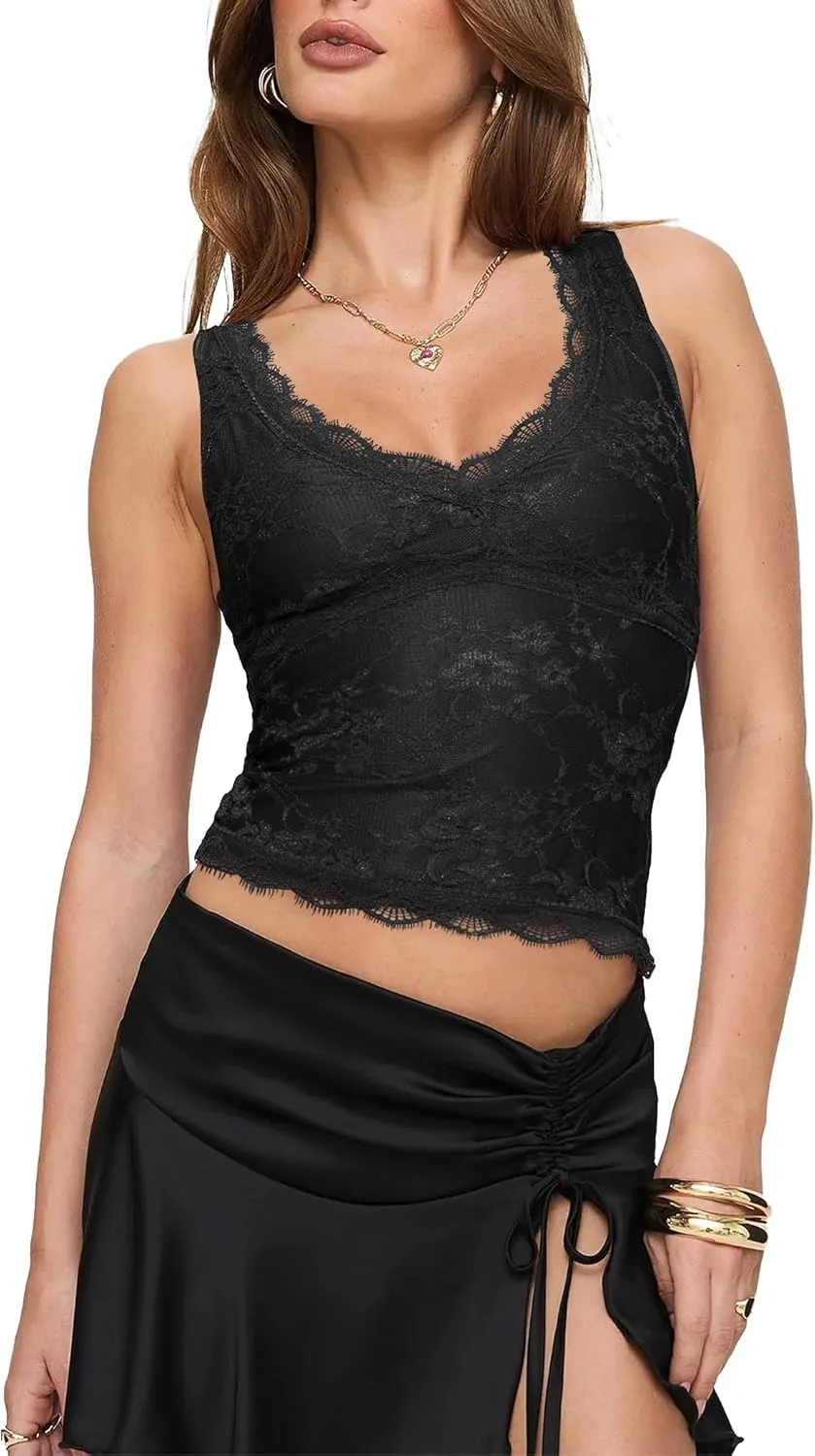 SAUNGKUAI Lace Going Out Tops for Women: V Neck Sleeveless Double Lined Y2K Tank Top Summer Outfits