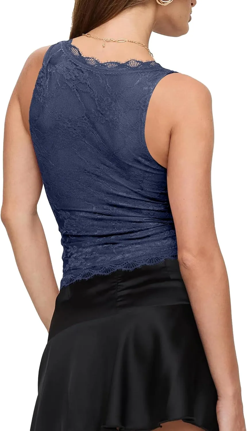 SAUNGKUAI Lace Going Out Tops for Women: V Neck Sleeveless Double Lined Y2K Tank Top Summer Outfits