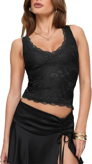 SAUNGKUAI Lace Going Out Tops for Women: V Neck Sleeveless Double Lined Y2K Tank Top Summer Outfits