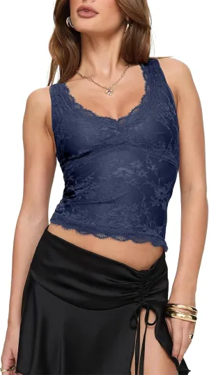 SAUNGKUAI Lace Going Out Tops for Women: V Neck Sleeveless Double Lined Y2K Tank Top Summer Outfits