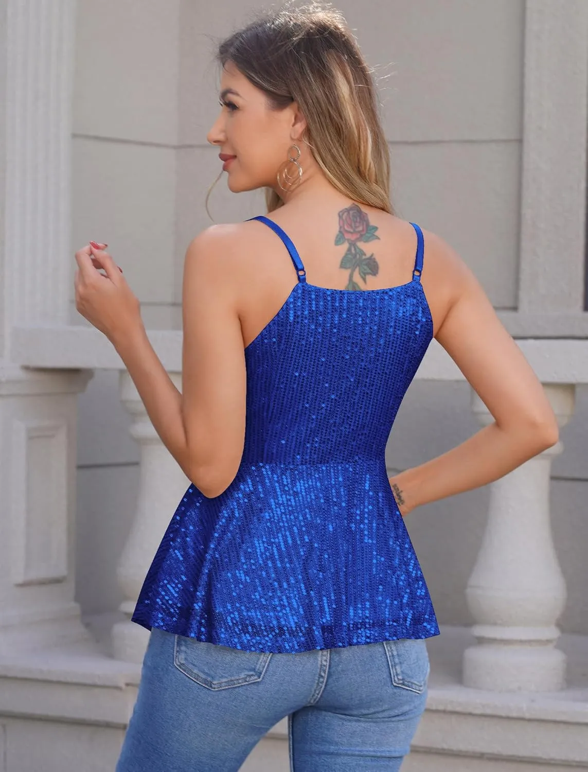 Sequin Tops for Women Casual V Neck Strappy Sparkle Tanks Tops Shimmer Camisole Tops Sleeveless Party Club Cami Vest Shirts