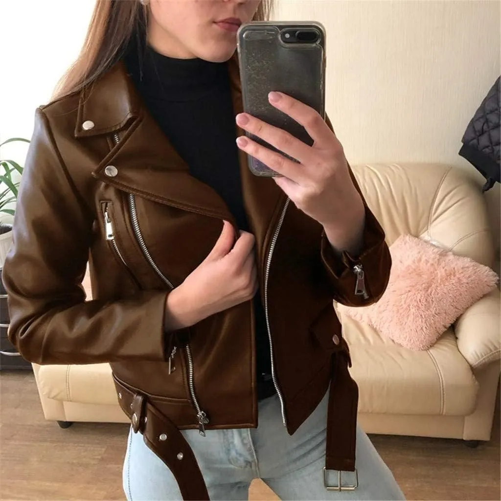 SERYU Womens Slim Tailoring Faux Leather PU Short Jacket Coat Moto Biker Jacket