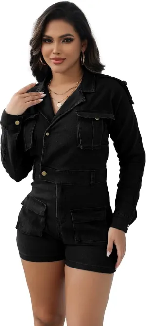 SheKiss Womens Casual Short Sleeves Denim Romers Elastic Waist Button Down Onesie Jumpsuits with Pockets