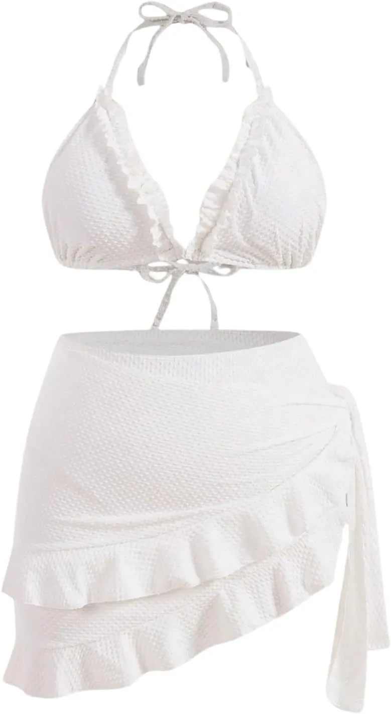 SHENHE Women's Plus Size 3 Pieces Swimsuit High Waisted Halter Triangle Bikini Set with Ruffle Wrap Skirt